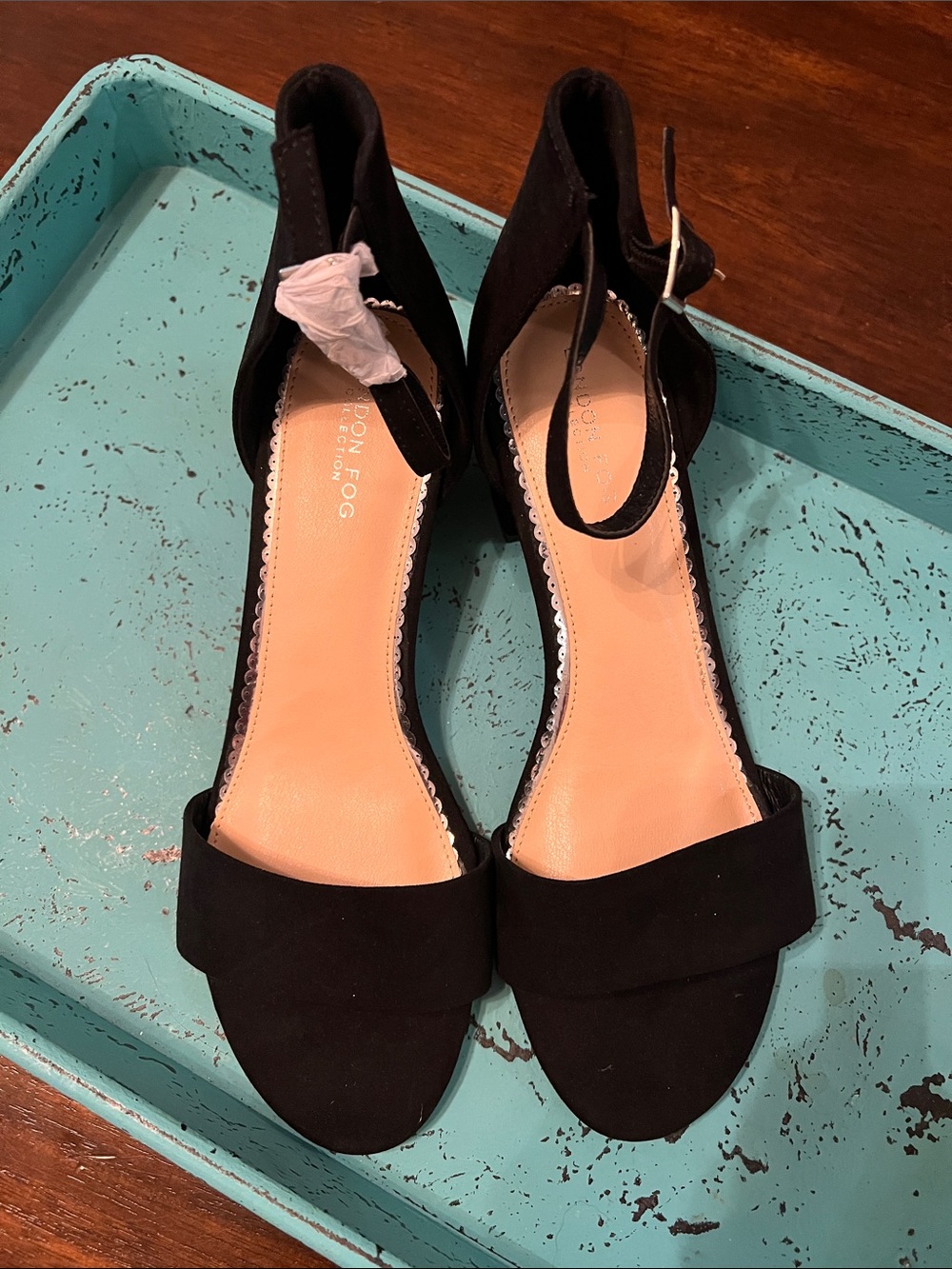 London Fog Black Suede Open-Toe Ankle-Strap Heels.